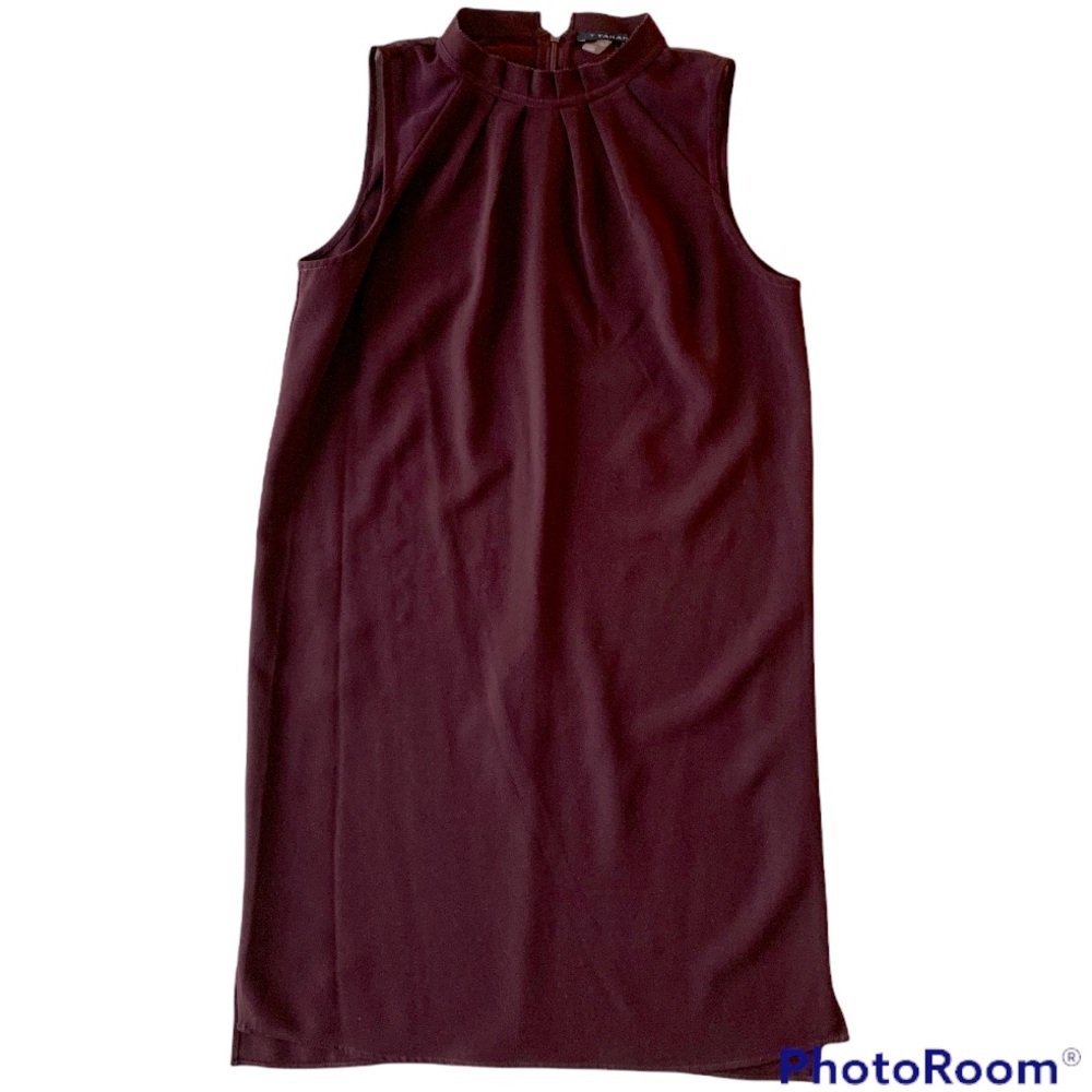 Mahogany Short Dress with Shoulders and High Mini Ruffled Neck